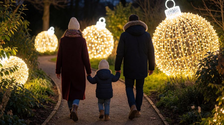 Giant glowing baubles line the paths on the Alnwick Garden winter light trail